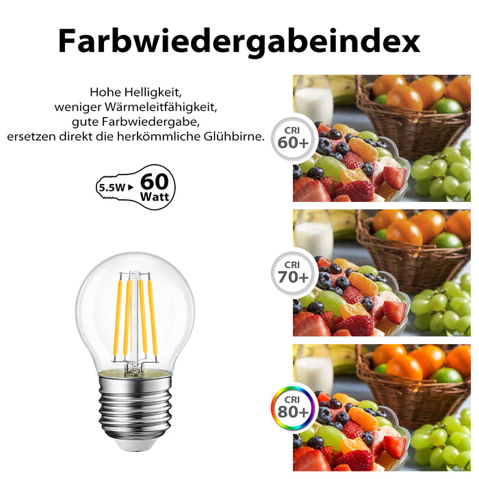 E27 LED Glühlampe Filament, G45 5.5W Klar