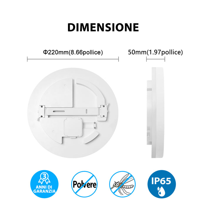 LVWIT Plafoniera LED 18W 1800LM IP65 Impermeabile 4000K Luce Bianca Neutra Ø220mm*50mm