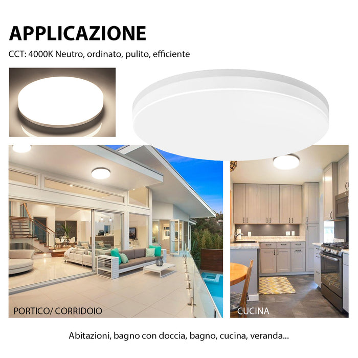 LVWIT Plafoniera LED 24W 2400LM IP65 Impermeabile 4000K Luce Bianca Neutra Ø330mm*50mm