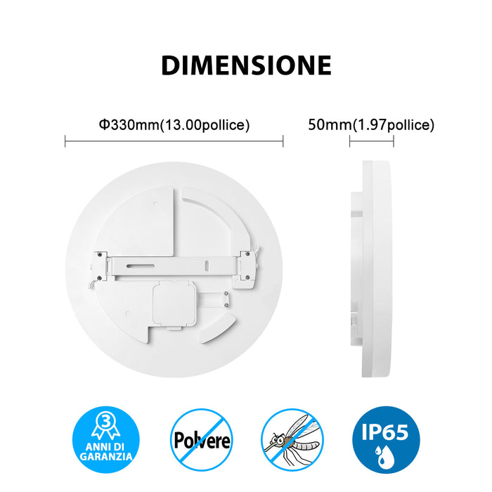 LVWIT Plafoniera LED 24W 2400LM IP65 Impermeabile 4000K Luce Bianca Neutra Ø330mm*50mm