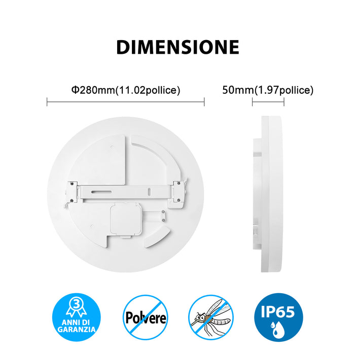 LVWIT Plafoniera LED 18W 1800LM IP65 Impermeabile 4000K Luce Bianca Neutra Ø280mm*50mm