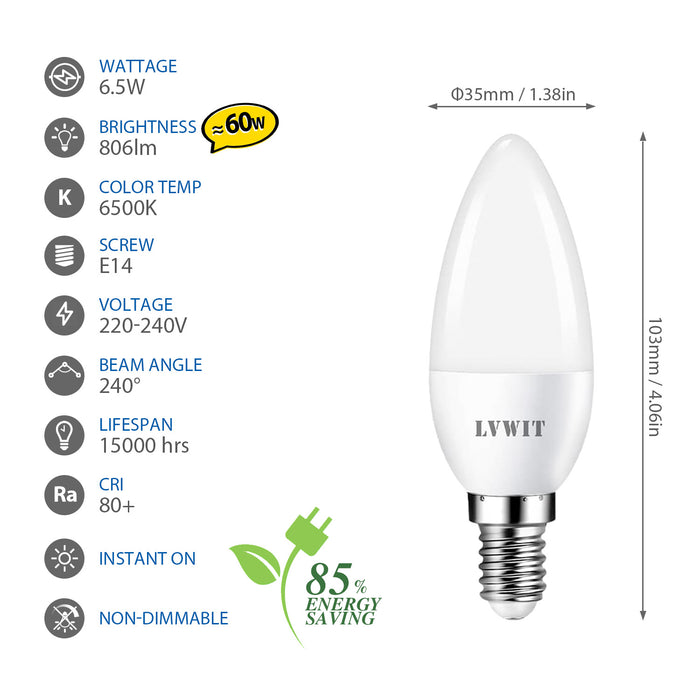 LVWIT Lampadina LED Attacco E14 Forma Candela C37, 6.5W Equivalente a 60W, Luce Bianca Fredda 6500K, Flusso Luminoso 806Lm, Risparmio Energetico, Non Dimmerabile, Pacco da 6 Unità