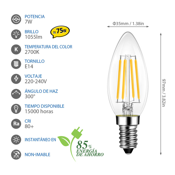 Bombillas Vela de Filamento LED E14 7W