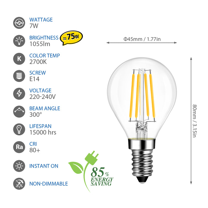 LVWIT Lampadina Filamento LED Attacco E14, Forma G45, 7W Equivalenti a 75W, 1055Lm, Luce Bianca Calda 2700K, Consumo Basso, Risparmio Energetico, Non Dimmerabile, Pacco da 6 Unità