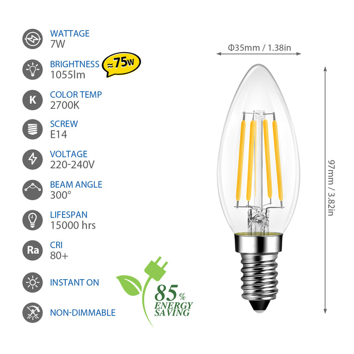 LVWIT Lampadine Filamento LED Attacco E14-7W Equivalente a 75W, 1055 Lumen, Colore Bianco Caldo 2700K, Forma a Candela C35, Stile Vintage Retrò, Non Dimmerabile, Confezione da 6 Unità