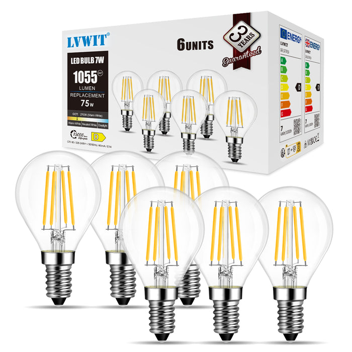 LVWIT Lampadina Filamento LED Attacco E14, Forma G45, 7W Equivalenti a 75W, 1055Lm, Luce Bianca Calda 2700K, Consumo Basso, Risparmio Energetico, Non Dimmerabile, Pacco da 6 Unità