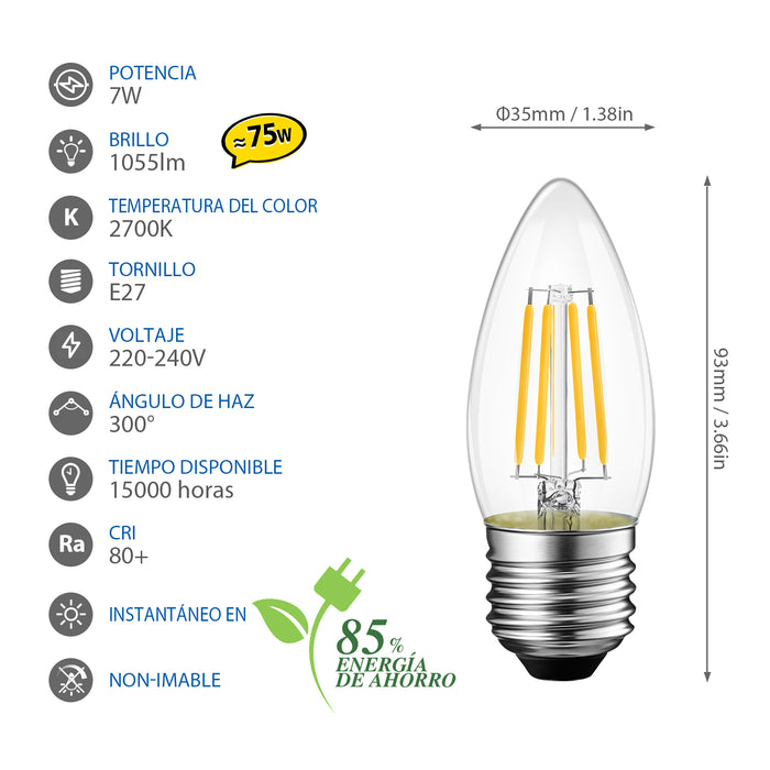 E27 Bombillas Vela de Filamento 7W