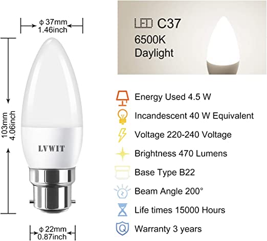 B22 Candela Lampadina, C37 470Lm 6 Pezzi 6500K