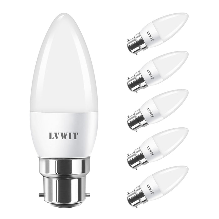 LVWIT 5W Ampoules à Bougies LED B22, Equivalente à 40W Ampoules Incandescentes, 2700K Blanc Chaud 470Lm, Non-Dimmable, Lot de 6