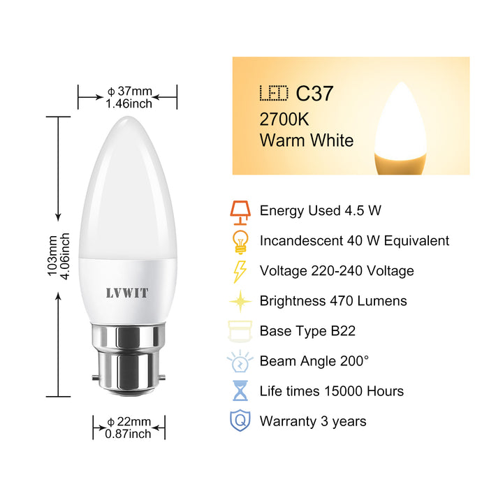 LVWIT 5W Ampoules à Bougies LED B22, Equivalente à 40W Ampoules Incandescentes, 2700K Blanc Chaud 470Lm, Non-Dimmable, Lot de 6