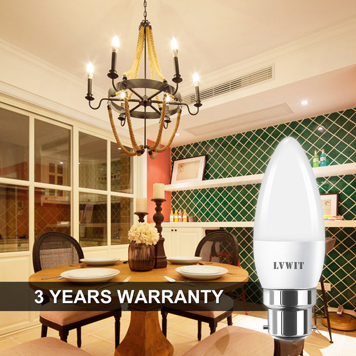 LVWIT 5W Ampoules à Bougies LED B22, Equivalente à 40W Ampoules Incandescentes, 2700K Blanc Chaud 470Lm, Non-Dimmable, Lot de 6