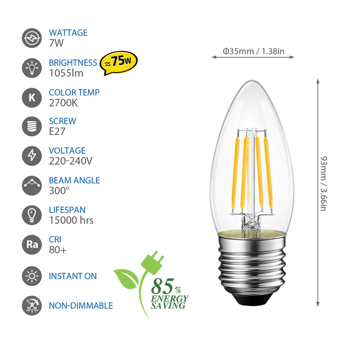 LVWIT E27 Candle Filament Bulb,High 1055Lm,7W 2700K Super Warm White E27 Screw Candle Bulb 75W