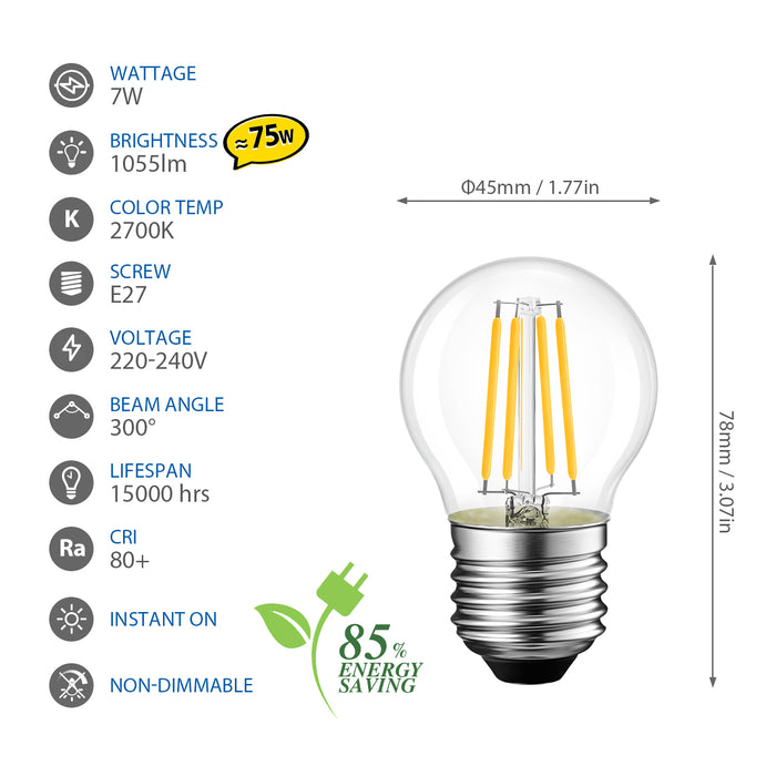 LVWIT Lampadina Filamento LED Attacco E27, 1055 Lumen, 7W Equivalente a Lampadina a Incandescenza da 75W, Forma G45 Retrò, Luce Bianca Calda 2700K, Non Dimmerabile, Confezione da 6 Unità