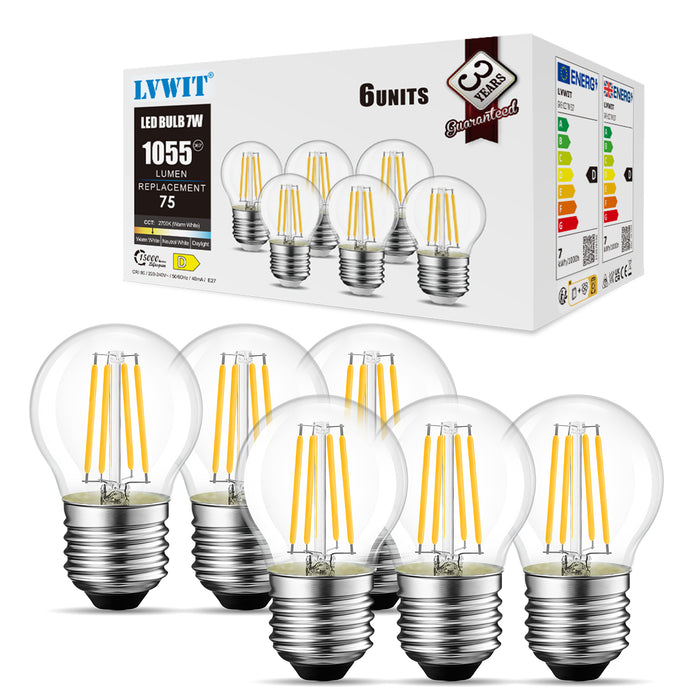 LVWIT Lampadina Filamento LED Attacco E27, 1055 Lumen, 7W Equivalente a Lampadina a Incandescenza da 75W, Forma G45 Retrò, Luce Bianca Calda 2700K, Non Dimmerabile, Confezione da 6 Unità