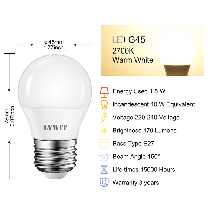 LVWIT 4.5W E27 Ampoule LED remplace les ampoules incandescence 40W, Ampoules LED G45 2700K Blanc Chaud, 470lm, Lot de 6