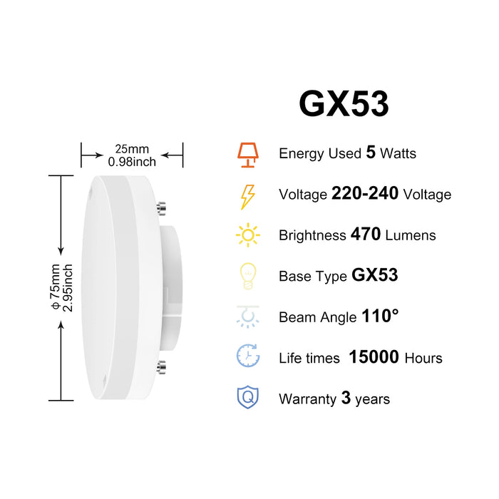 LVWIT Faretti LED Attacco GX53, 5W Equivalente a 40W, 470LM, Luce Bianca Calda 3000K, Lampadine LED Adatti per Mobili, Corridoio, Vetrine, Non Dimmerabile, Pacco da 4 Unità