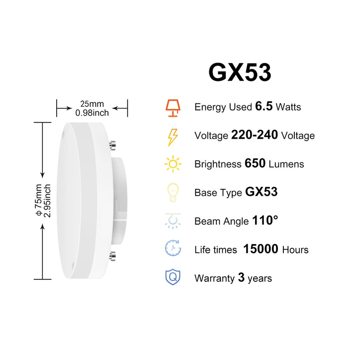 LVWIT Faretti LED Attacco GX53, 6.5W Equivalente a 50W, 650LM, Luce Bianca Calda 3000K, Lampadine LED Adatti per Mobili, Corridoio, Vetrine, Non Dimmerabile, Pacco da 4 Unità