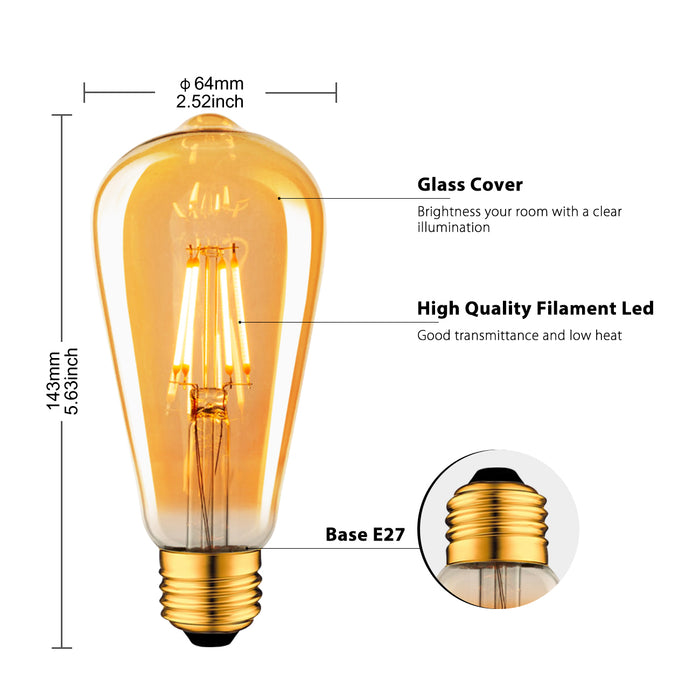 Lampadine di Filamento a LED, LVWIT ST64 Stile Edison Vintage, Attacco E27, 4W Equivalenti a 35W, 410 Lumen, Luce Bianca Calda 2500K, Non Dimmerabile – Pacco da 6 Pezzi