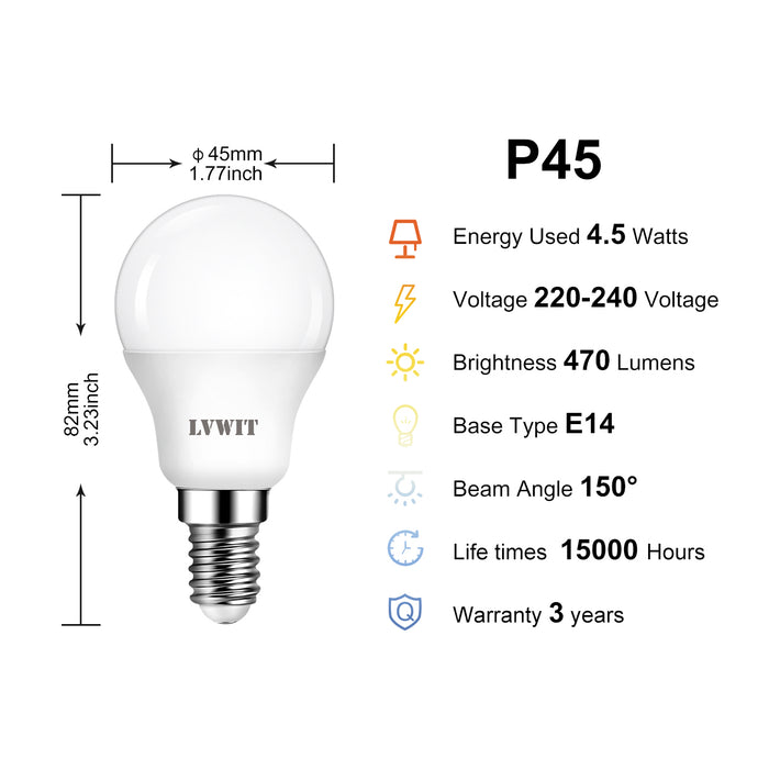 LVWIT 4.5W Ampoule LED E14 P45, Equivalent à Ampoule Incandescence 40W, 470Lm 6500K Blanc Froid, Non Dimmable, Lot de 6