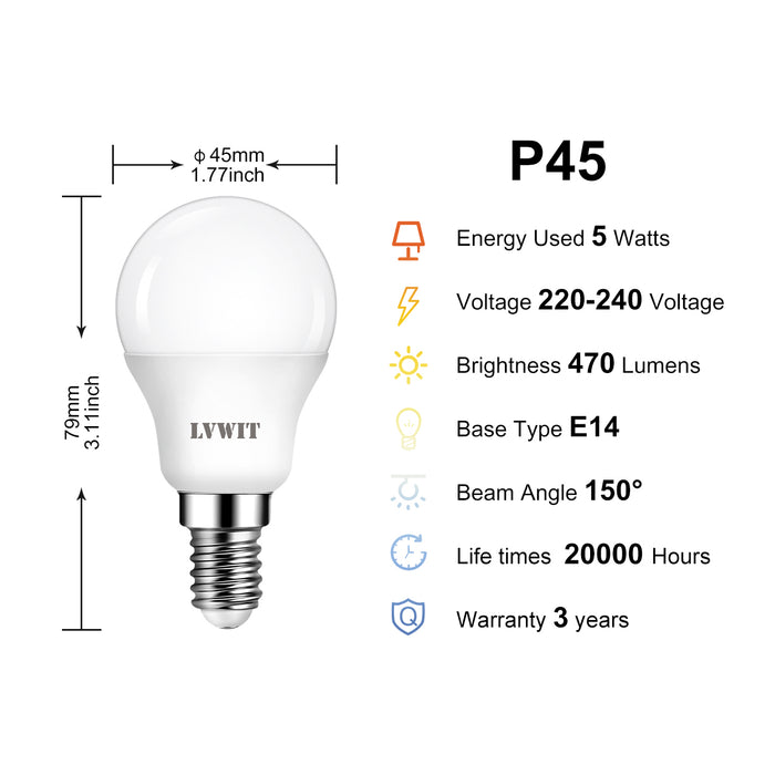 E14 LED Glühlampen (6-er Pack), Kaltweiß 6500K, 5W P45 470lm